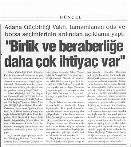 Yeni Adana Gazetesi\'BİRLİK VE BERABERLİĞE DAHA ÇOK İHTİYAÇ VAR\'
